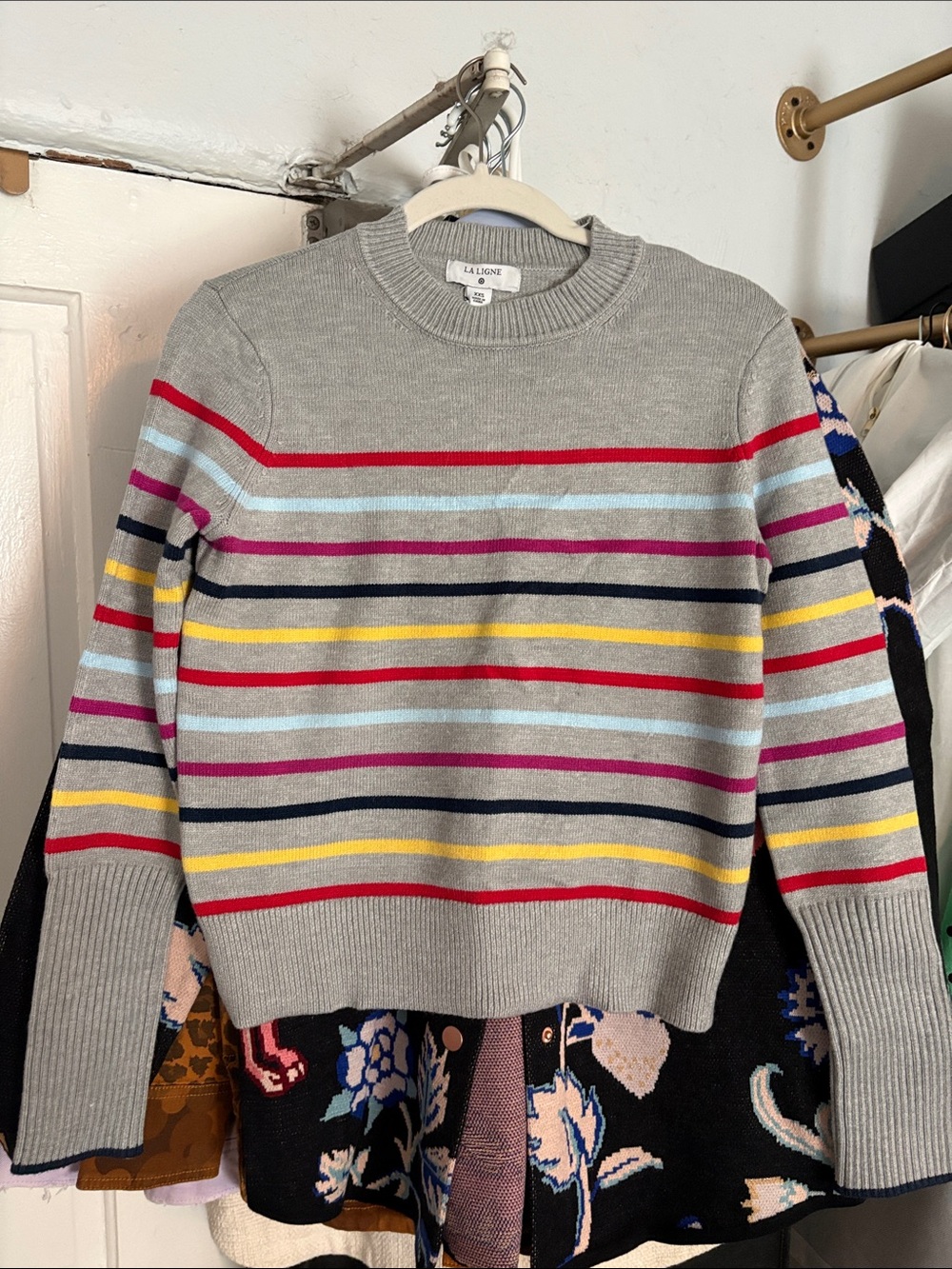 La Ligne x Target Gray Sweater with Red, Pink, Blue & Yellow Stripes